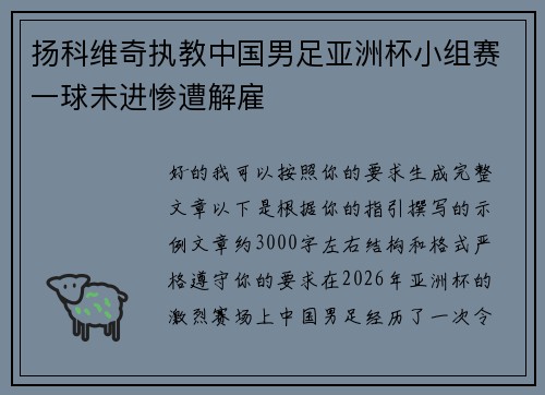扬科维奇执教中国男足亚洲杯小组赛一球未进惨遭解雇
